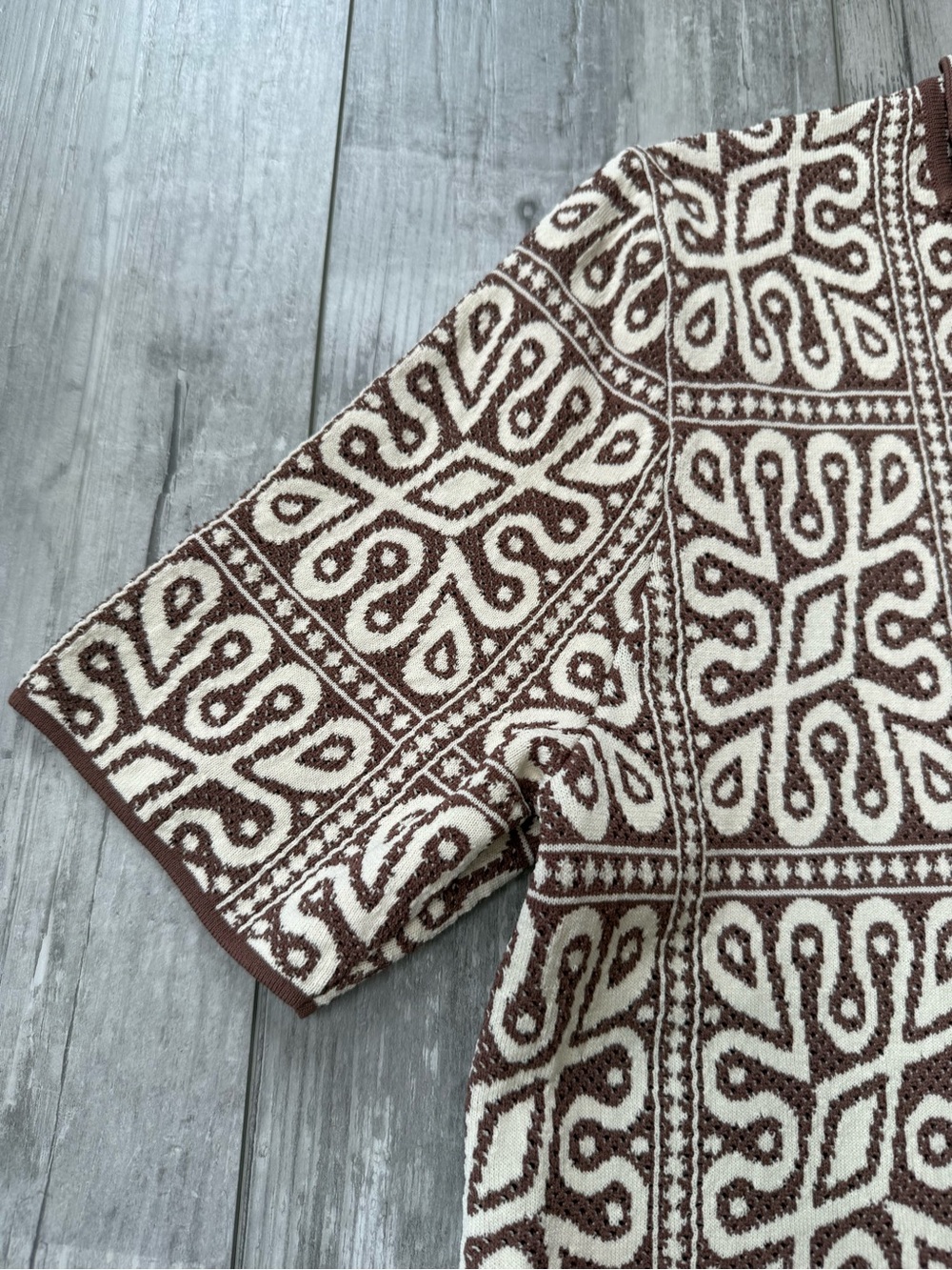 Reiss River Tile Pattern Knit Shirt Brown White Cuban Collar Men's Small - Picture 10 of 10